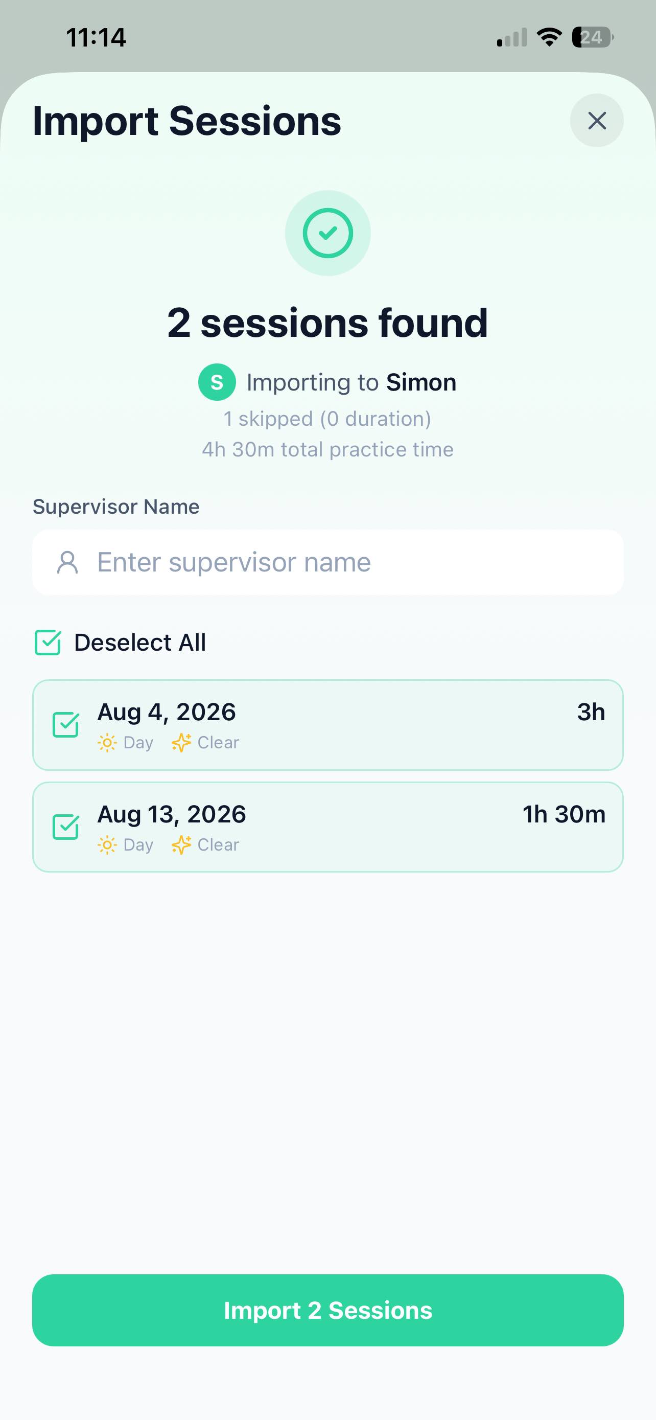 Review imported sessions in GoTime
