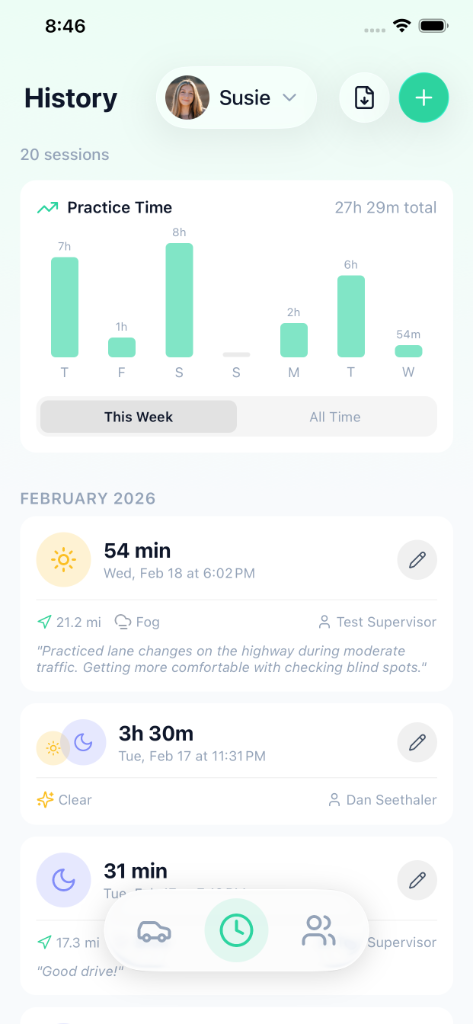 Session history screen
